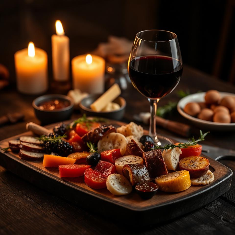Antipasti en een glas rode wijn
