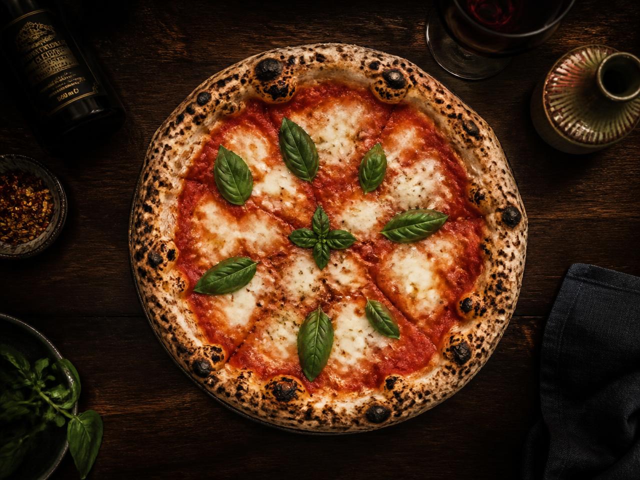 Napolitaanse margherita pizza op een houten tafel